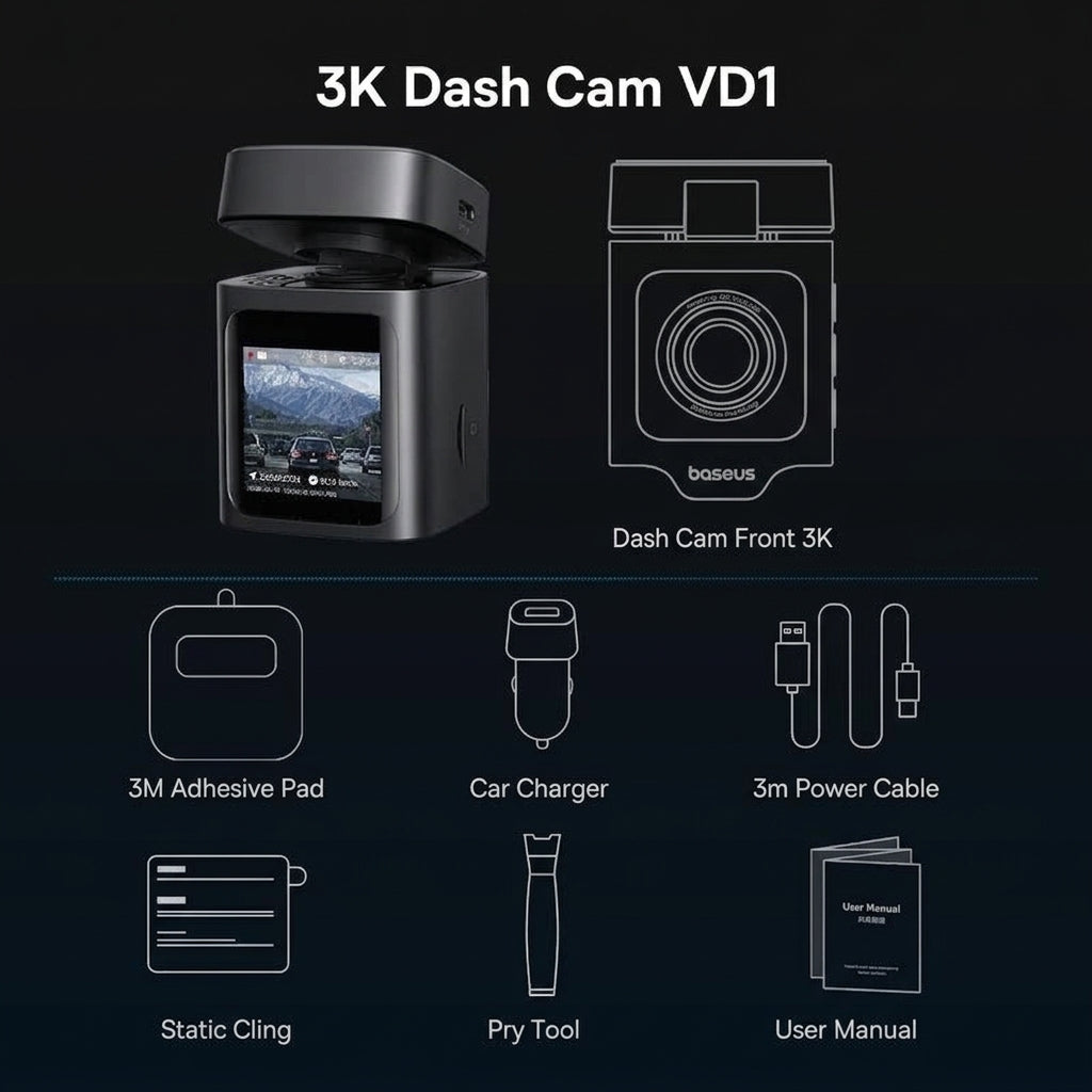 Baseus PrimeTrip VD1 Dash Cam - 3K Front + 1080P Rear with GPS & WiFi