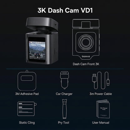 Baseus PrimeTrip VD1 Dash Cam - 3K Front + 1080P Rear with GPS & WiFi