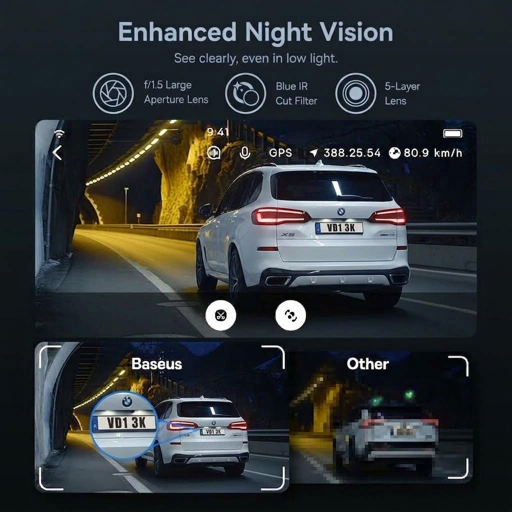 Baseus PrimeTrip VD1 Dash Cam - 3K Front + 1080P Rear with GPS & WiFi