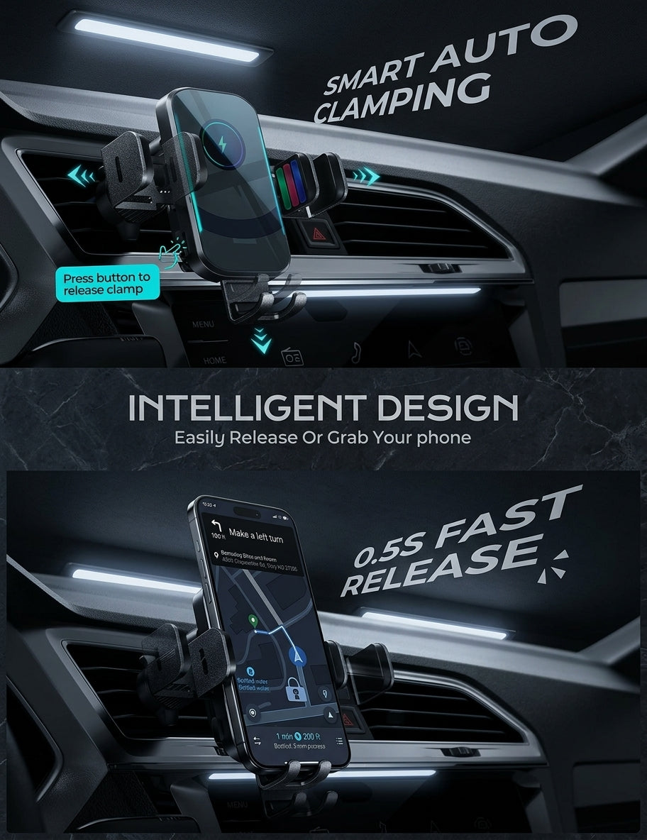 66W Wireless Fast Charging Car Mount - Phone Holder with Auto-Open