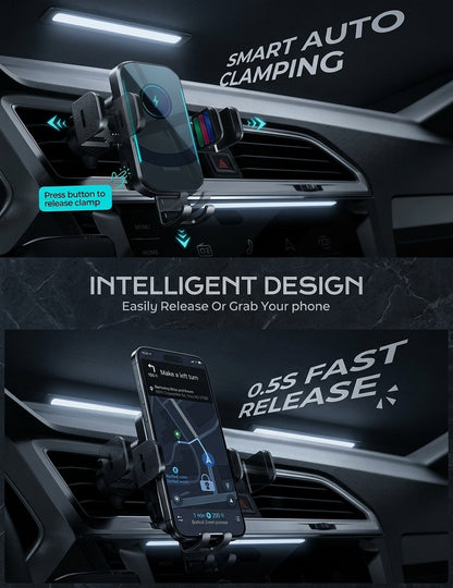 66W Wireless Fast Charging Car Mount - Phone Holder with Auto-Open