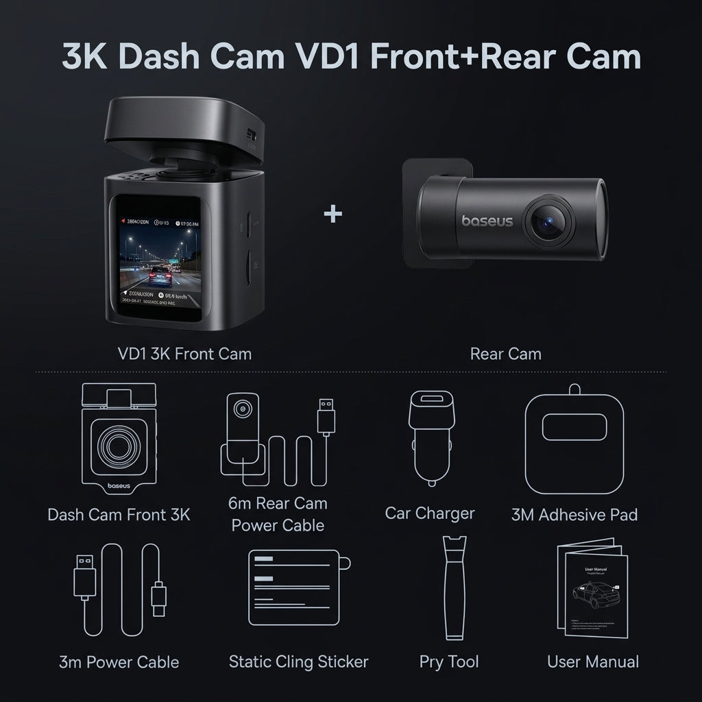 Baseus PrimeTrip VD1 Dash Cam - 3K Front + 1080P Rear with GPS & WiFi