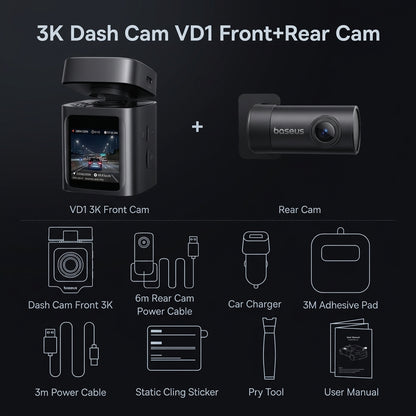 Baseus PrimeTrip VD1 Dash Cam - 3K Front + 1080P Rear with GPS & WiFi